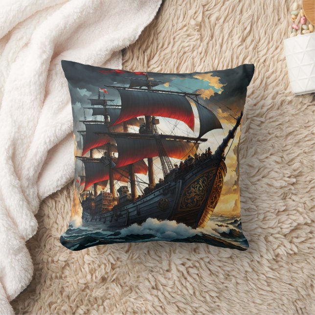 Majestic Pirate Ship Sailing During Sunset Throw Pillow (Blanket)