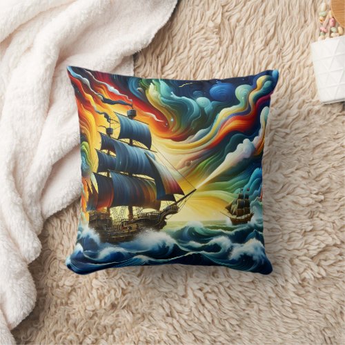 Majestic Pirate Ship Sailing Through Colorful Seas Throw Pillow