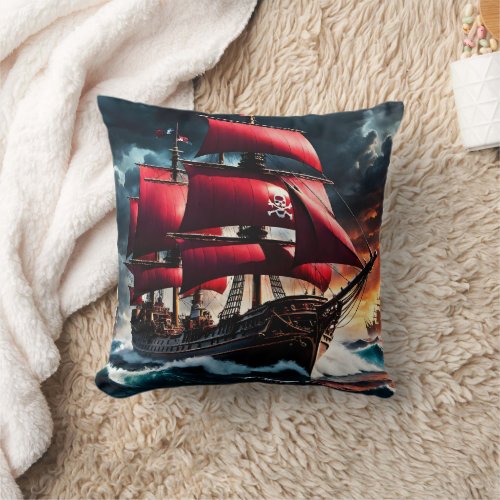 Majestic Pirate Ship Sailing Through Stormy Seas Throw Pillow