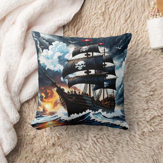 Majestic Pirate Ship Sailing Through Stormy Seas Throw Pillow (Blanket)