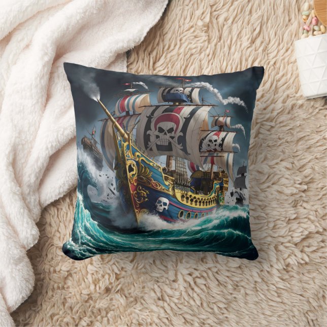 Majestic Pirate Ship Sailing Through Stormy Seas Throw Pillow (Blanket)