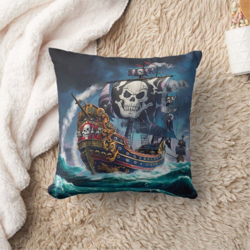 Majestic Pirate Ship Sailing Through Stormy Waters Throw Pillow