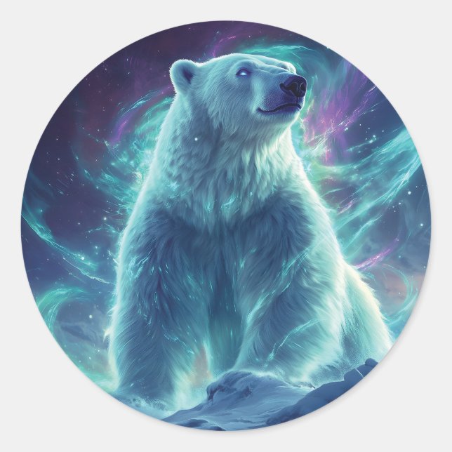 Majestic Polar Bear Design with Northern Lights Classic Round Sticker (Front)