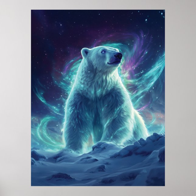 Majestic Polar Bear Design with Northern Lights Poster (Front)