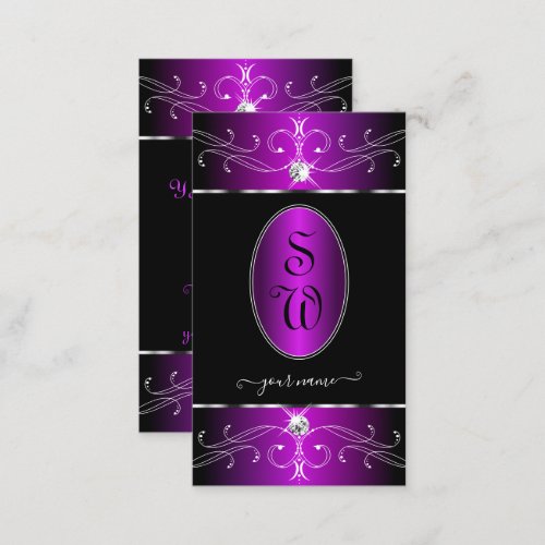 Majestic Purple Black Ornate Ornaments Monogram Business Card