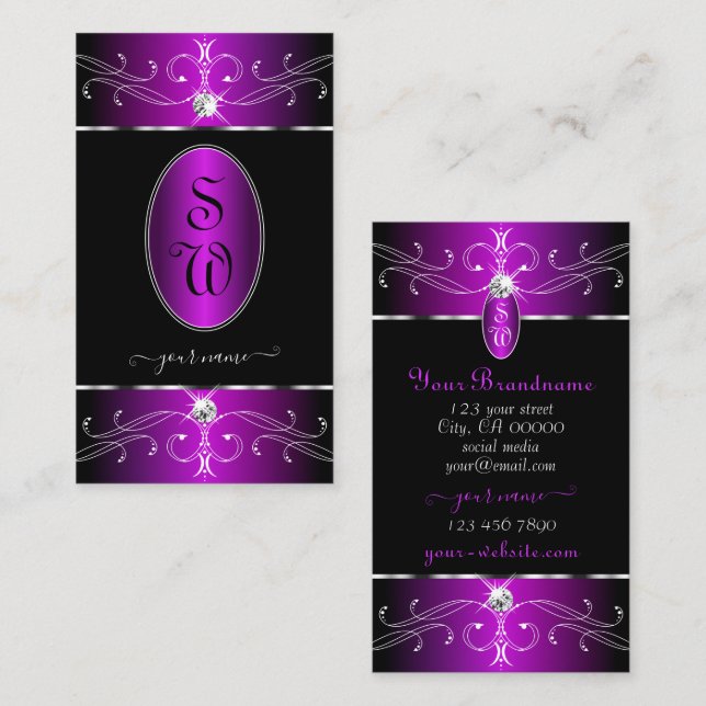 Majestic Purple Black Ornate Ornaments Monogram Business Card (Front/Back)