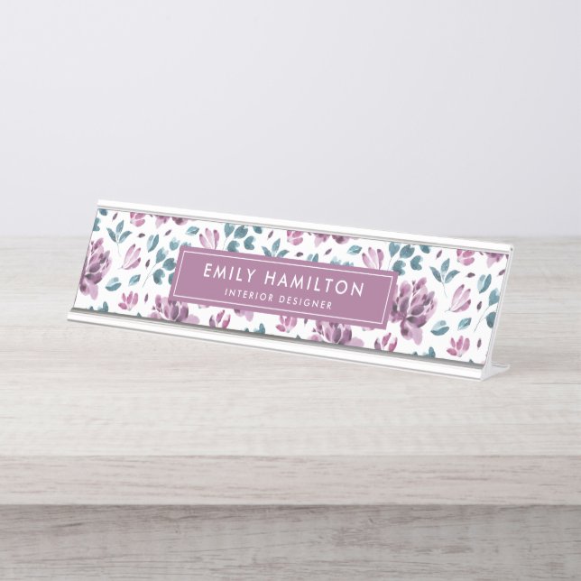 Majestic Purple Floral | Personalized Desk Name Plate (Front)
