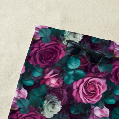 Majestic Purple Rose Garden Elegance and Romance Beach Towel