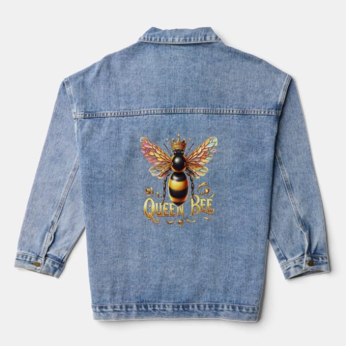 Majestic Queen Bee Illustration Featuring a Crown  Denim Jacket
