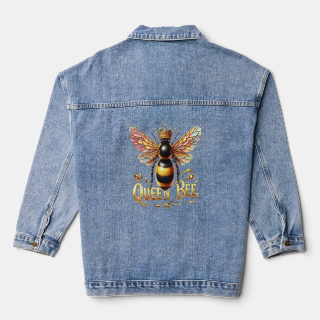 Majestic Queen Bee Illustration Featuring a Crown  Denim Jacket (Back)