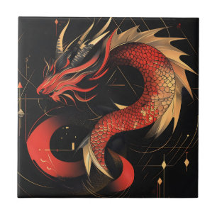 Majestic Red and Gold Chinese Dragon Art Ceramic Tile