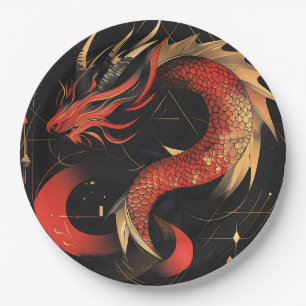 Majestic Red and Gold Chinese Dragon Art Paper Plates