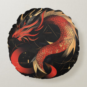 Majestic Red and Gold Chinese Dragon Art Round Pillow