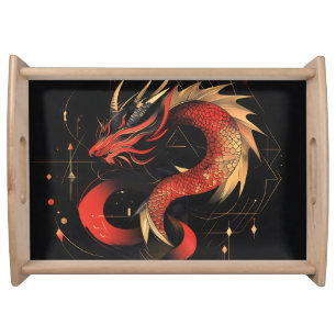Majestic Red and Gold Chinese Dragon Art Serving Tray