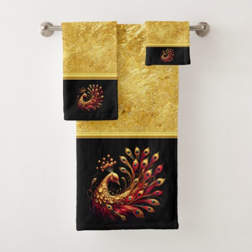 Majestic Red and Gold Peacock  Bath Towel Set