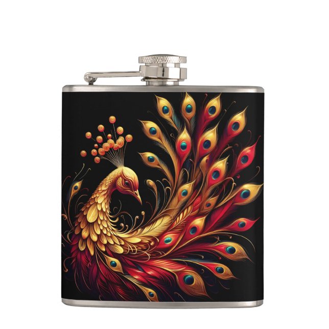 Majestic Red and Gold Peacock  Flask (Front)