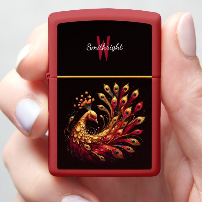 Majestic Red and Gold Peacock  Zippo Lighter (In Hand)