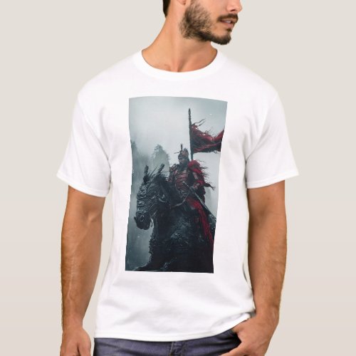 Majestic Red Armored Knight Riding a Qilin T_Shirt