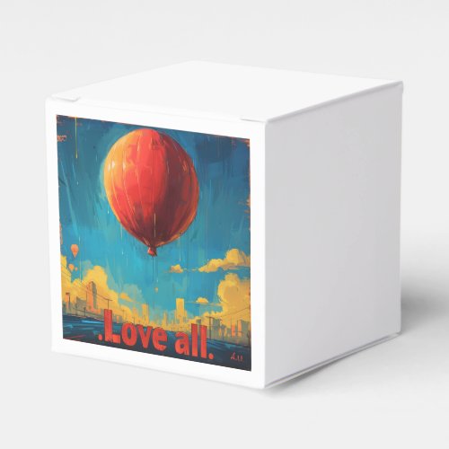 Majestic Red Balloon Floating Above City at Sunris Favor Boxes