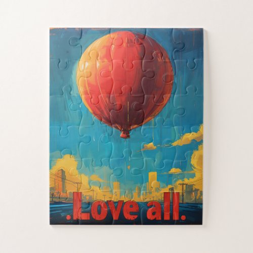 Majestic Red Balloon Floating Above City at Sunris Jigsaw Puzzle