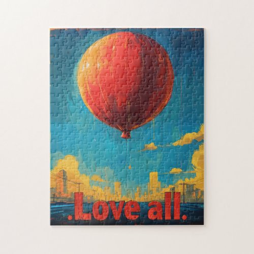 Majestic Red Balloon Floating Above City at Sunris Jigsaw Puzzle