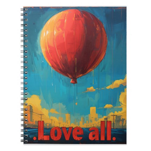Majestic Red Balloon Floating Above City at Sunris Notebook