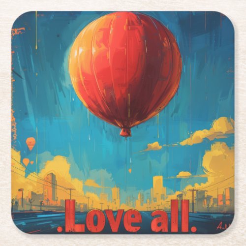 Majestic Red Balloon Floating Above City at Sunris Square Paper Coaster