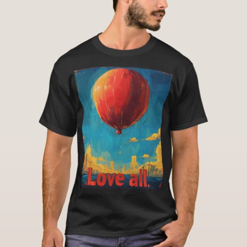 Majestic Red Balloon Floating Above City at Sunris T_Shirt