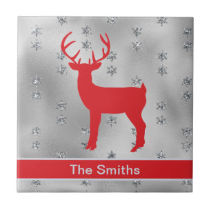 Majestic Red Reindeer Buck and Silver Stars Ceramic Tile