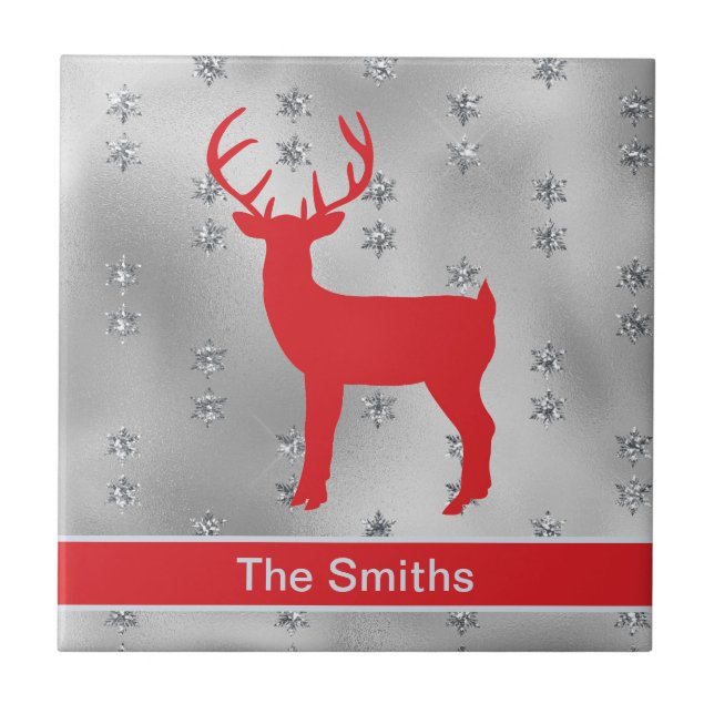Majestic Red Reindeer Buck and Silver Stars Ceramic Tile (Front)