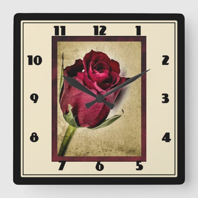 Majestic Red Roses on Brownish Background Square Wall Clock (Front)