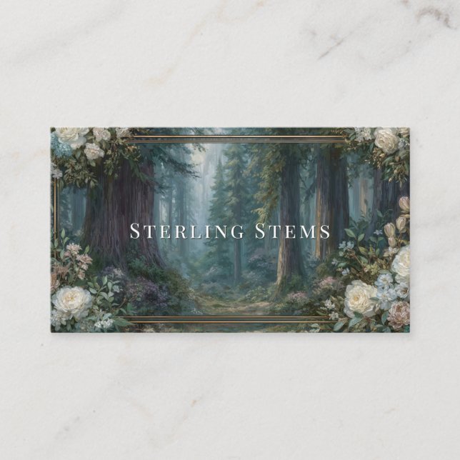 Majestic Redwood Forest Floral Frame Business Card (Front)