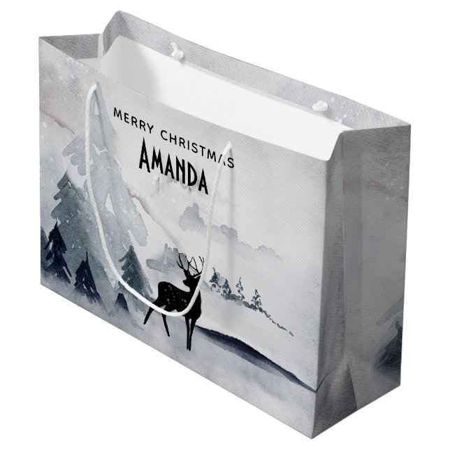 Majestic Reindeer Gray Watercolor Merry Christmas  Large Gift Bag (Front Angled)
