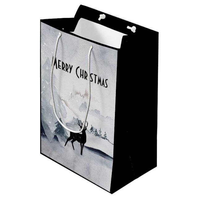 Majestic Reindeer Gray Watercolor Merry Christmas Medium Gift Bag (Front Angled)