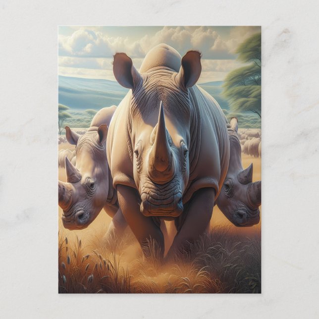 Majestic Rhinoceros Mother With Young Ones Postcard (Front)