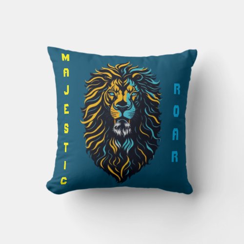 Majestic Roar Bold Lion in Yellow and Cyan Throw Pillow