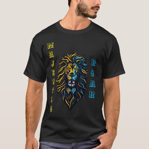 Majestic Roar Yellow and Cyan Lion Art T_Shirt