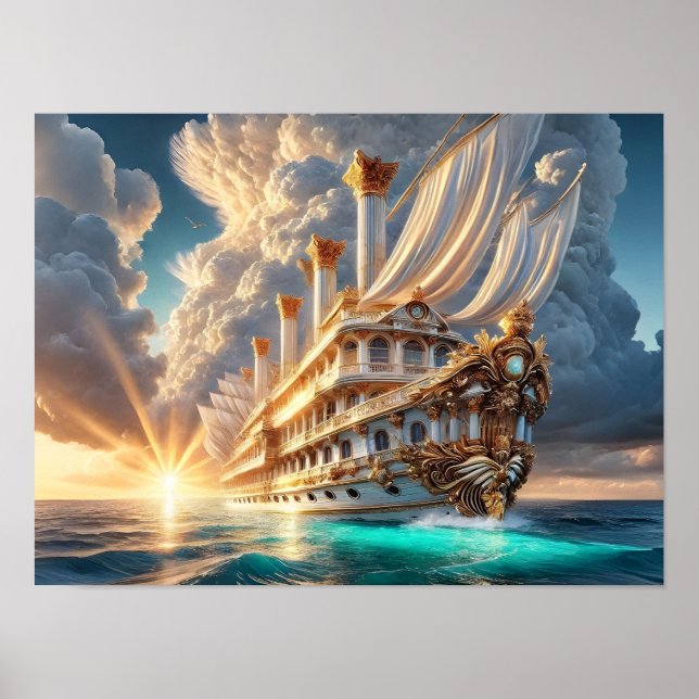 Majestic Roman-designed ship in the sunrise ocean Poster (Front)