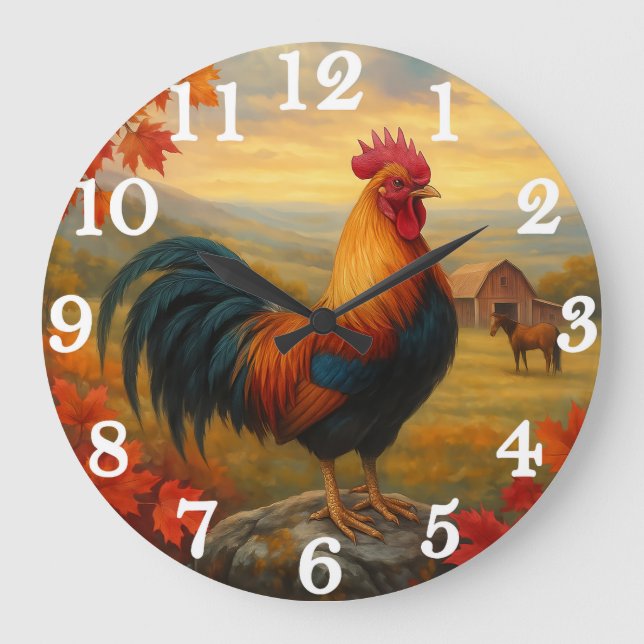 Majestic rooster in rustic countryside large clock (Front)