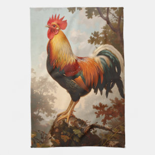 Majestic Rooster Posing in a Lush Natural Forest Kitchen Towel