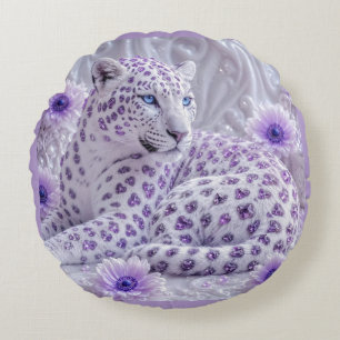 Majestic Royal Purple Jeweled Leopard Art Round Pillow