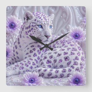 Majestic Royal Purple Jeweled Leopard Art Square Wall Clock