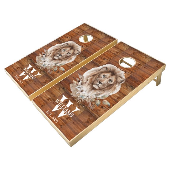 Majestic Rustic Lion Head Dark Wood Cornhole Set (Angled)