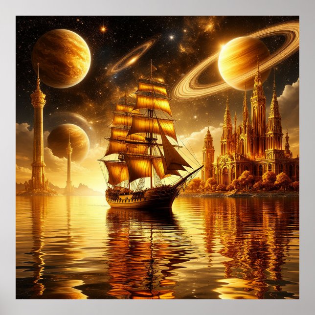 Majestic Sailing Ship Under Golden Sky Poster (Front)