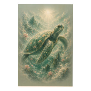 Majestic Sea Turtle with Cherry Blossoms Ocean W Wood Wall Art