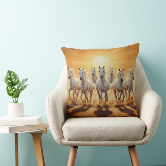 Majestic Seven White Horses Galloping at Sunset Throw Pillow (Chair)