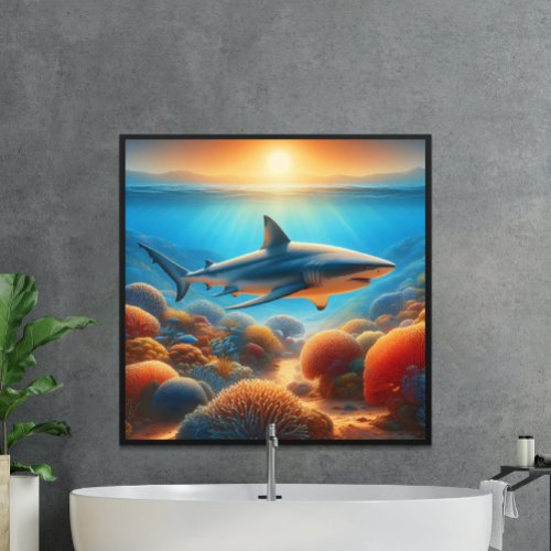 Majestic Shark Glides Above Vibrant Coral Garden Poster