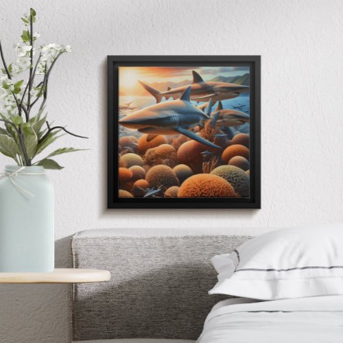 Majestic Sharks Swimming Above Vibrant Corals Poster