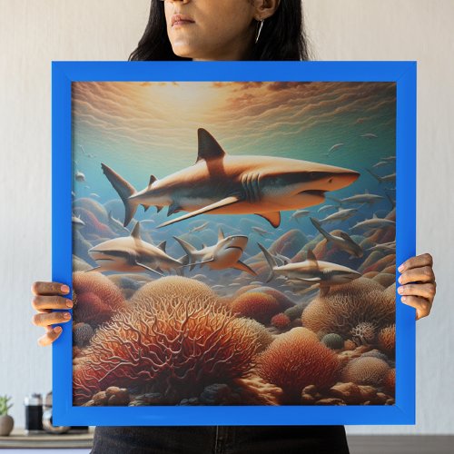 Majestic Sharks Swimming Among Vibrant Corals Poster