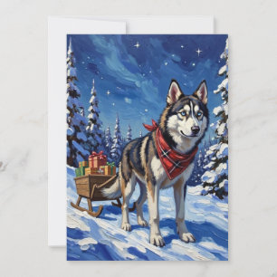 Majestic Siberian Husky Pulling Christmas Sled Holiday Card